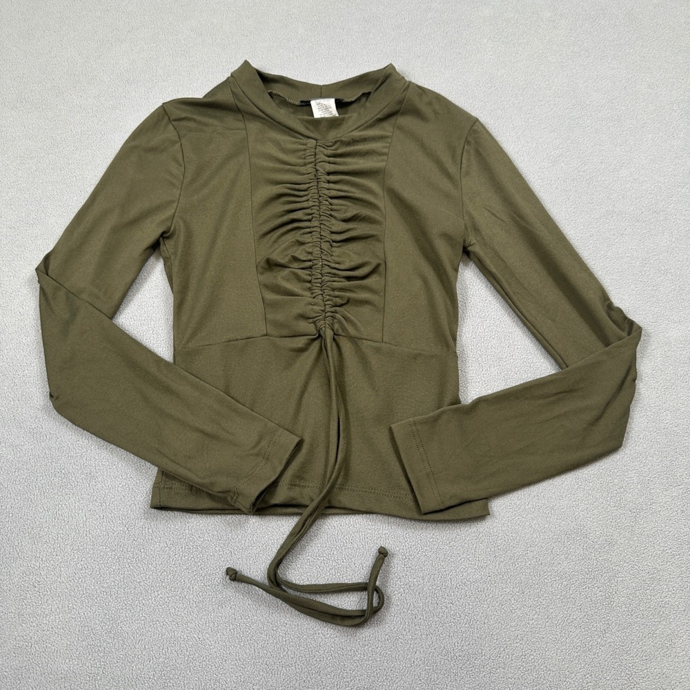 NWOT Top Chic Blouse Top Women S Olive Green Long Sleeve Ruched Drawstring Front